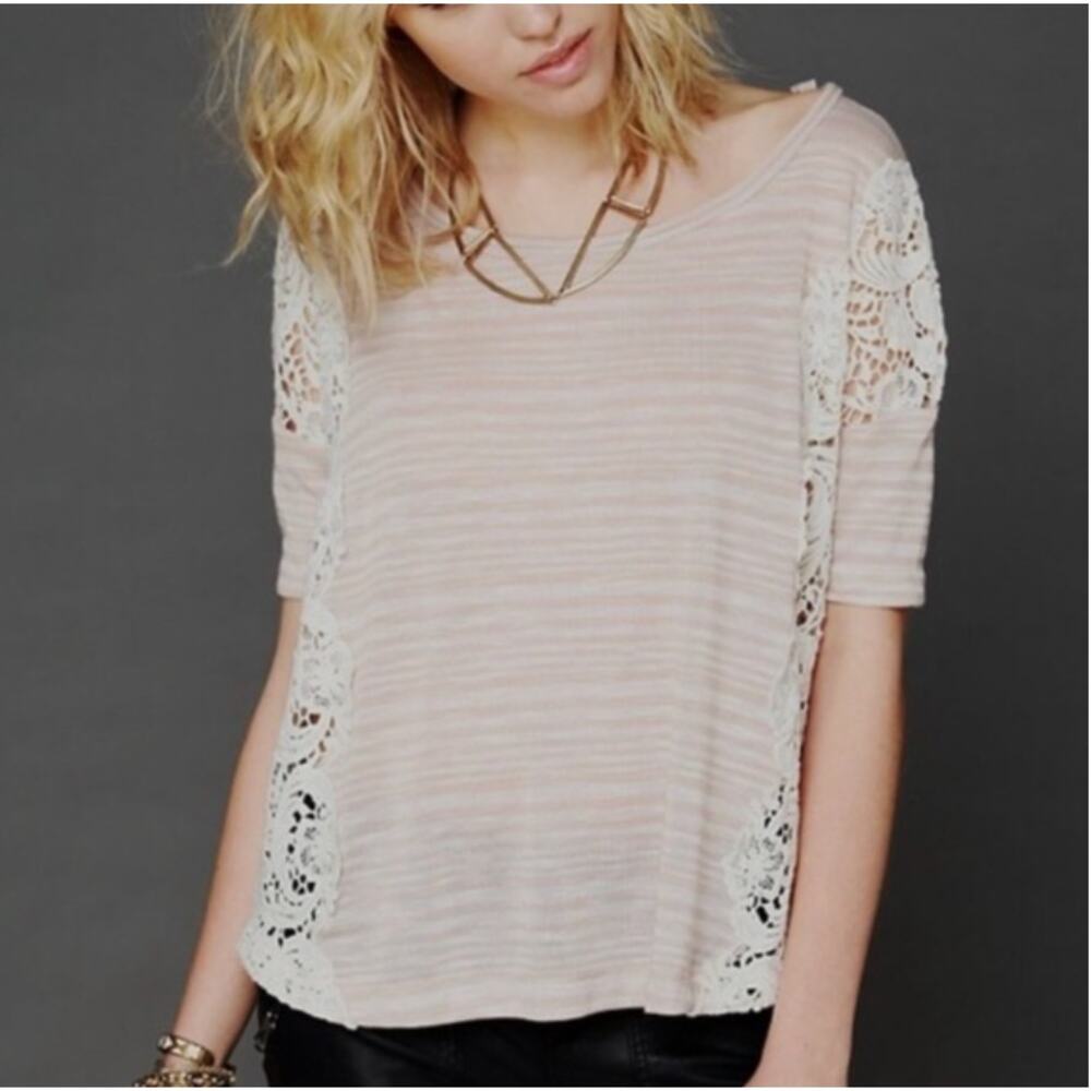 Free People We the Free Battenburg Striped Tee Sz XS Crochet Lace Boho Lagenlook